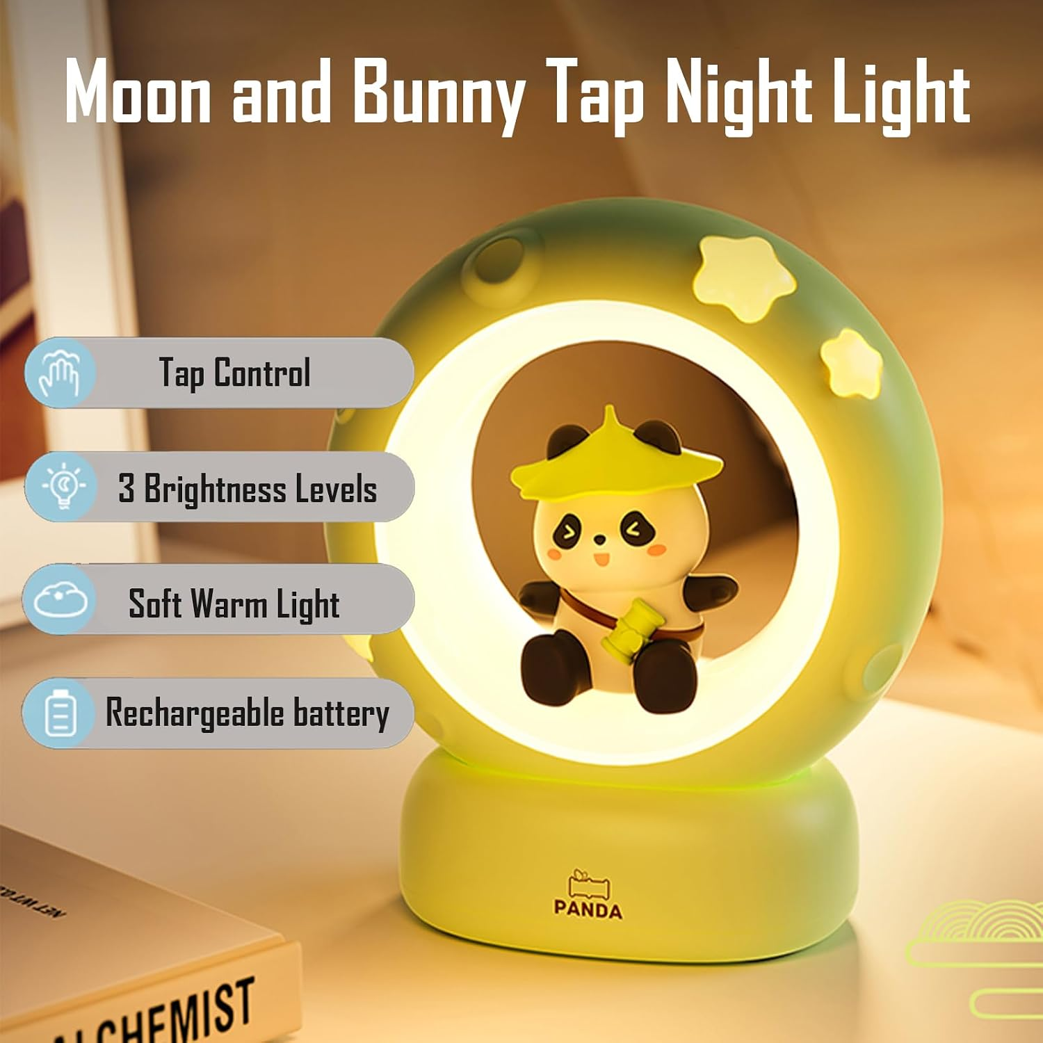 Ein grünes, rundes Nachtlicht mit einer Panda-Figur, Touch-Steuerung und weichem warmen Licht.