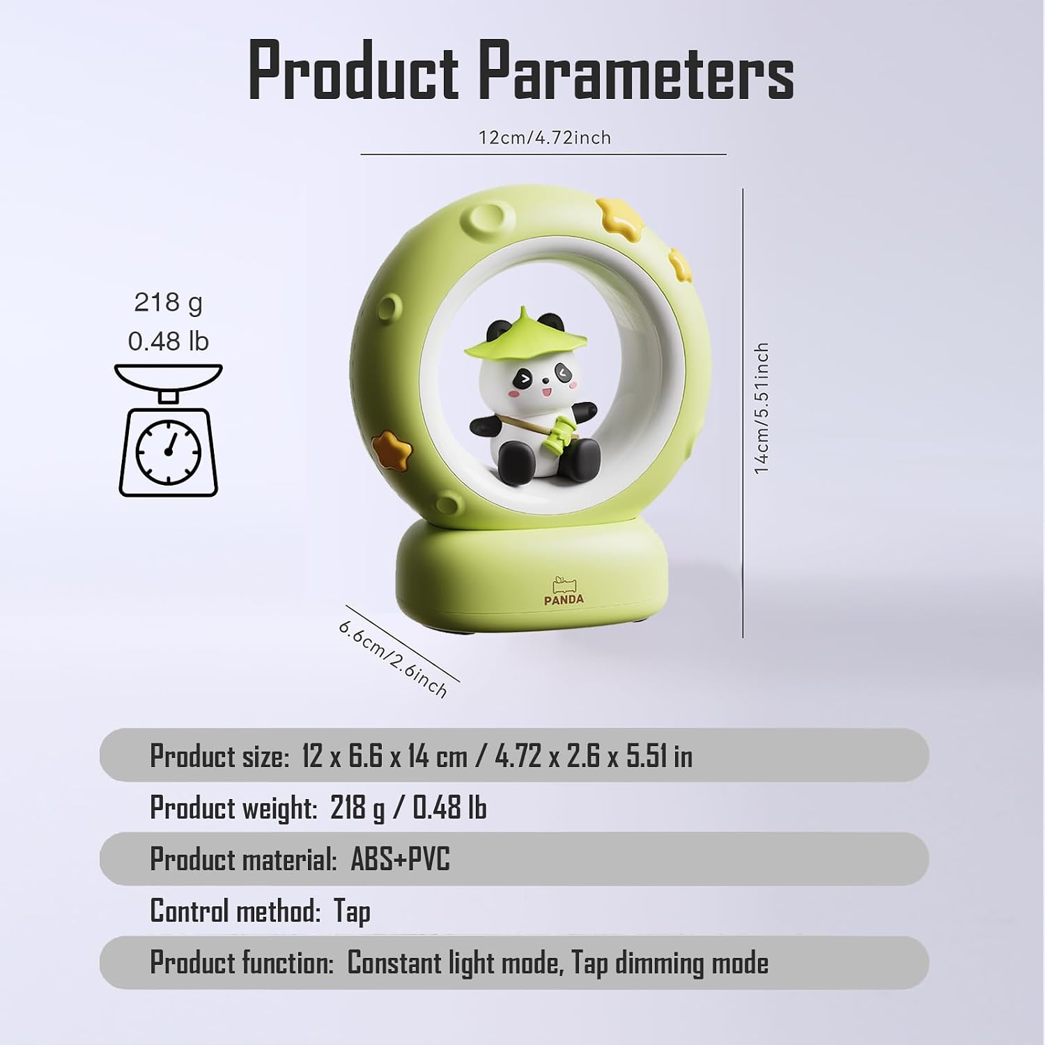 Grüne Panda-Nachtlampe mit Maßen, Gewicht und technischen Produktdetails.