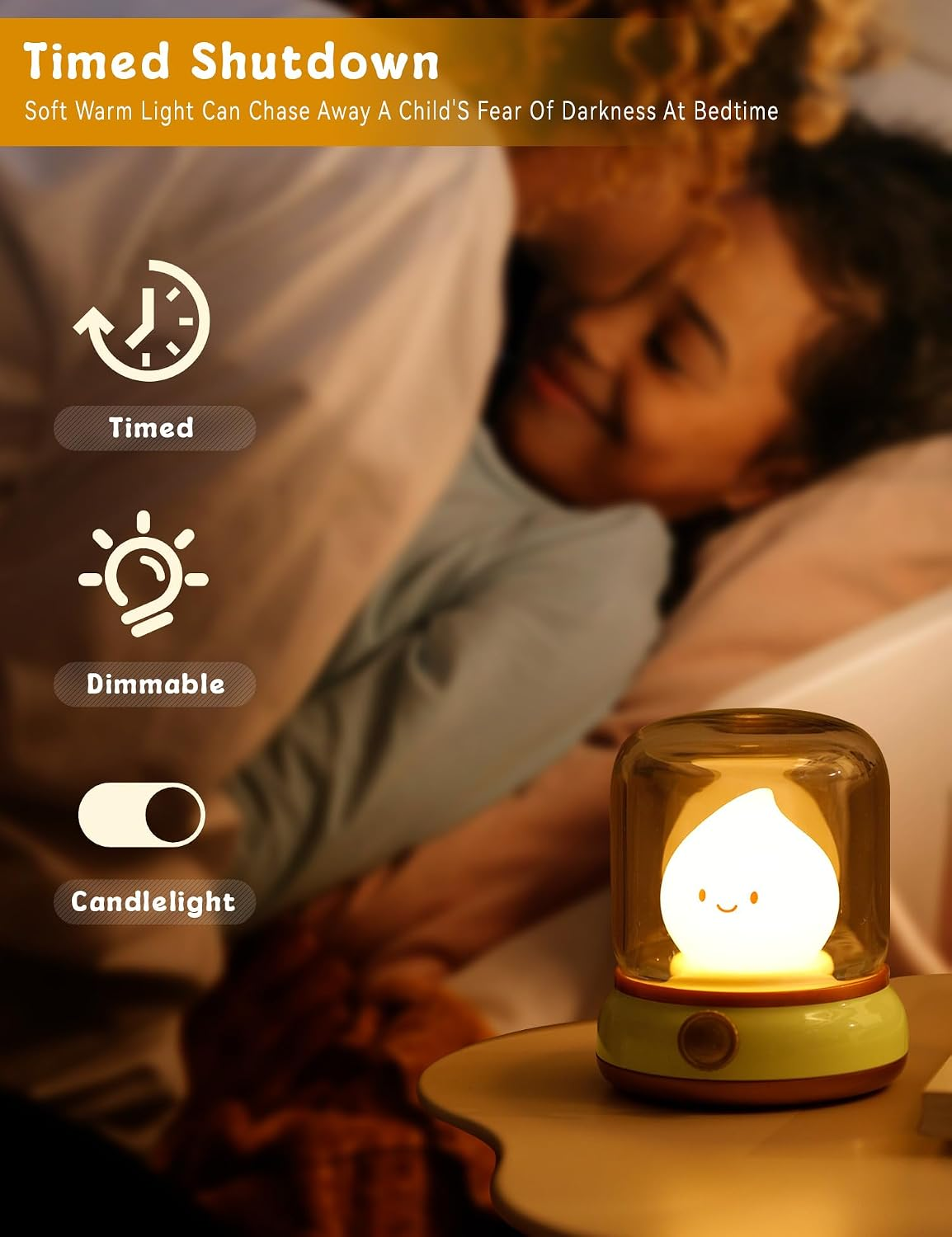 Eine Kinderbett-Szene mit einer niedlichen gelben Nachtlampe auf einem Tisch, Icons zeigen Timer, Dimmbar und Kerzenlicht.