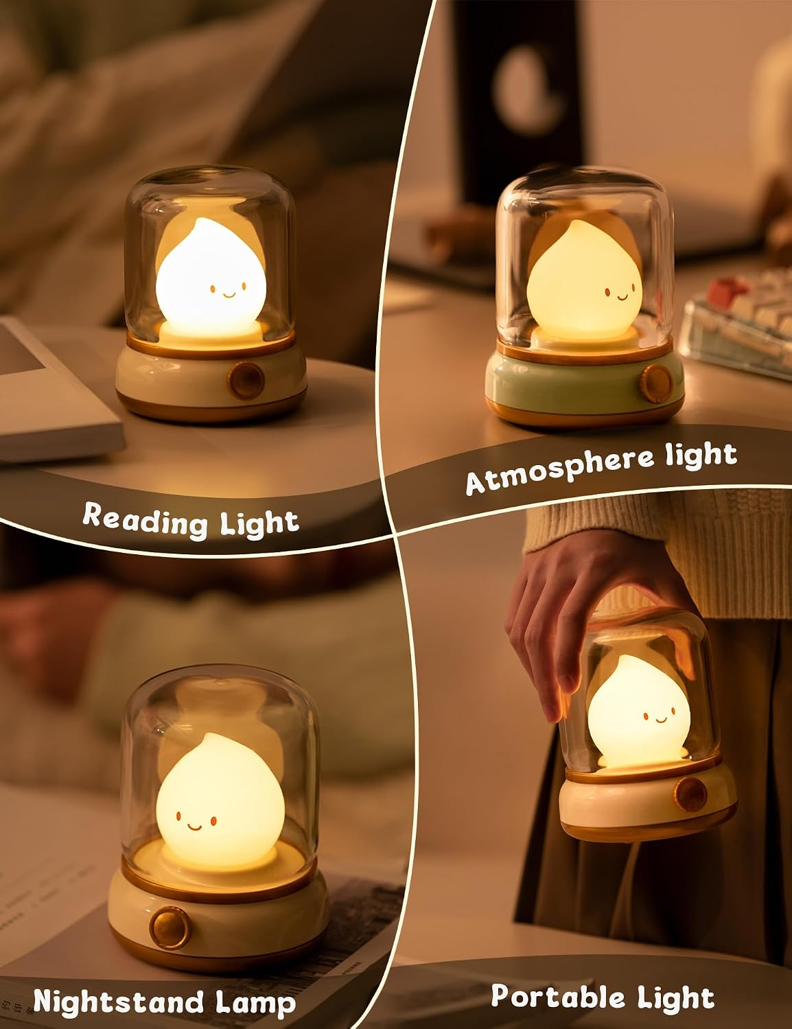 Vier Bilder zeigen eine kleine, niedliche Lampe mit einem gelben Geist im Glas als Lese-, Atmosphären-, Nacht- und tragbare Lampe.