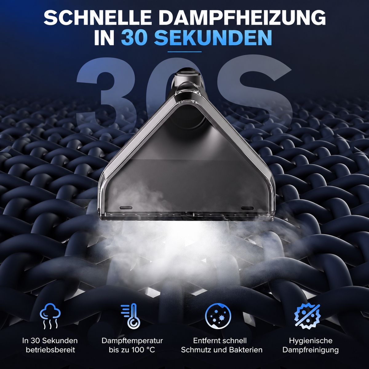 Ein Dampfreinigerkopf auf dunklem Stoff emittiert Dampf, mit Text darüber und Funktionssymbolen unten.