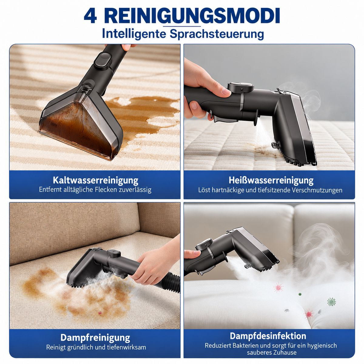 Vier Bilder zeigen verschiedene Reinigungsmodi eines Staubsaugers auf Teppichen und Sofas mit Wasser und Dampf.