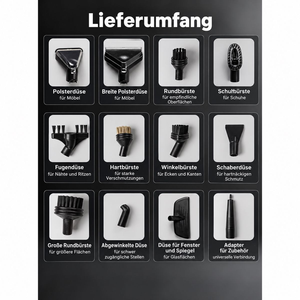Übersicht der mitgelieferten Staubsauger-Aufsätze mit deutschen Beschriftungen.