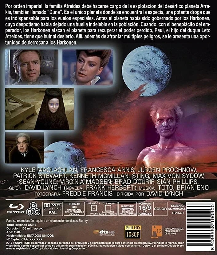 Contraportada de la caja del Blu-ray de Dune con fotogramas, reparto, sinopsis y detalles técnicos.