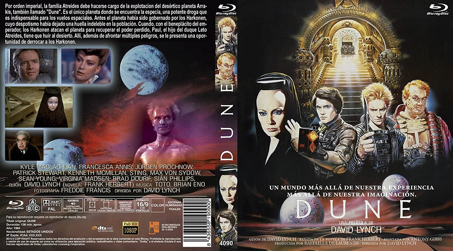 Carátula de Blu-ray de Dune con retratos de personajes sobre fondo dorado y planetas.