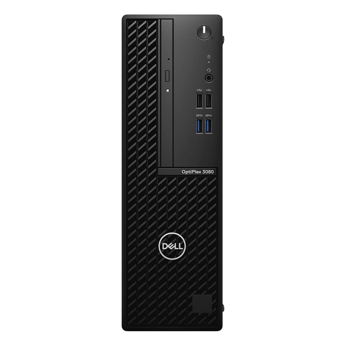 Schwarzer Dell OptiPlex 3080 Desktop-Computer von vorne mit Anschlüssen und Logo.