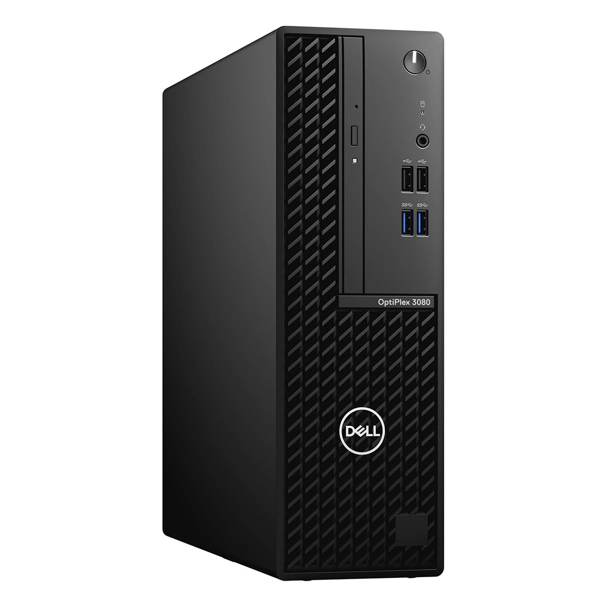 Czarny komputer stacjonarny Dell OptiPlex 3080 z portami z przodu na białym tle.