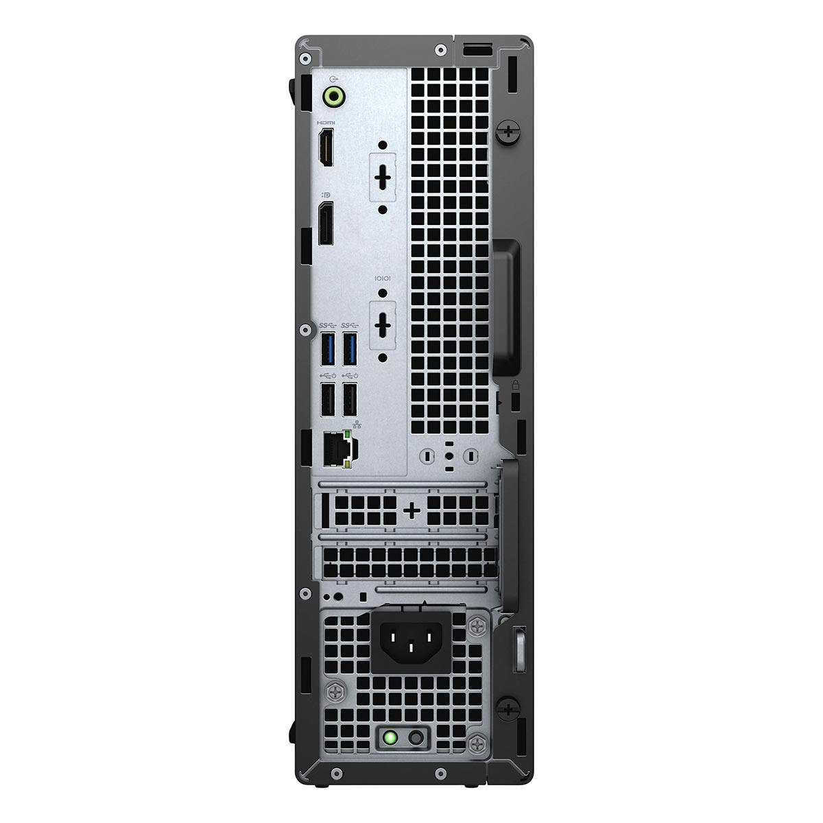 Rückansicht eines schwarzen Desktop-Computergehäuses mit Anschlüssen, Lüftungsgittern und Netzanschluss.