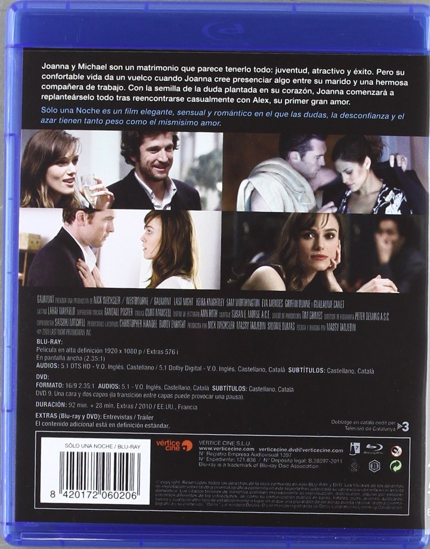Contraportada de un Blu-ray de Solo una noche con fotogramas y detalles.