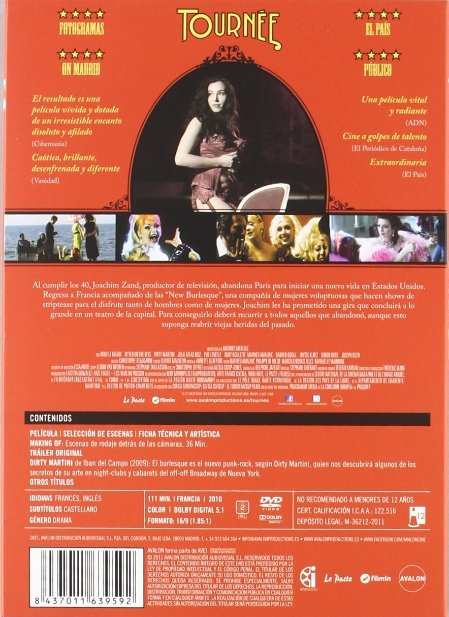 Carátula del DVD de la comedia francesa Tournée con fondos rojos, fotogramas y texto.