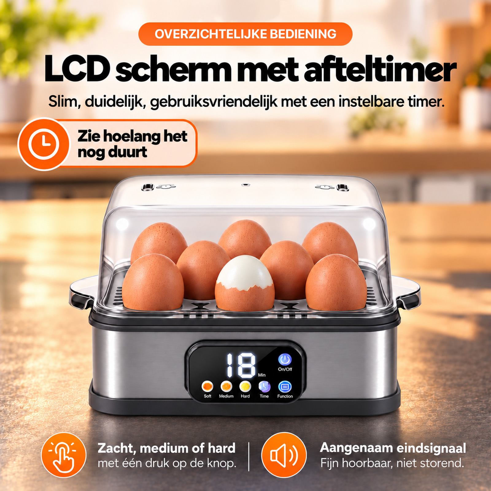 Eierkocher mit LCD-Bildschirm und Eiern in einer Küche.