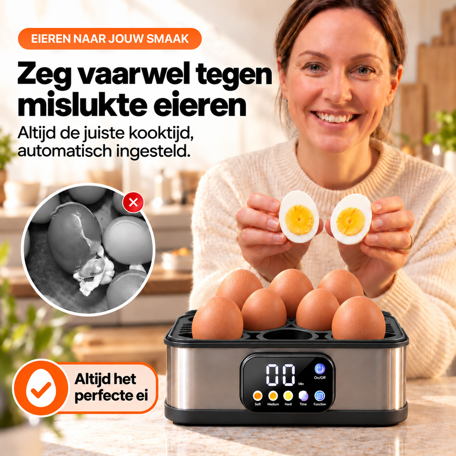 Eine lächelnde Frau hält ein halbiertes gekochtes Ei neben einem Eierkocher mit braunen Eiern.