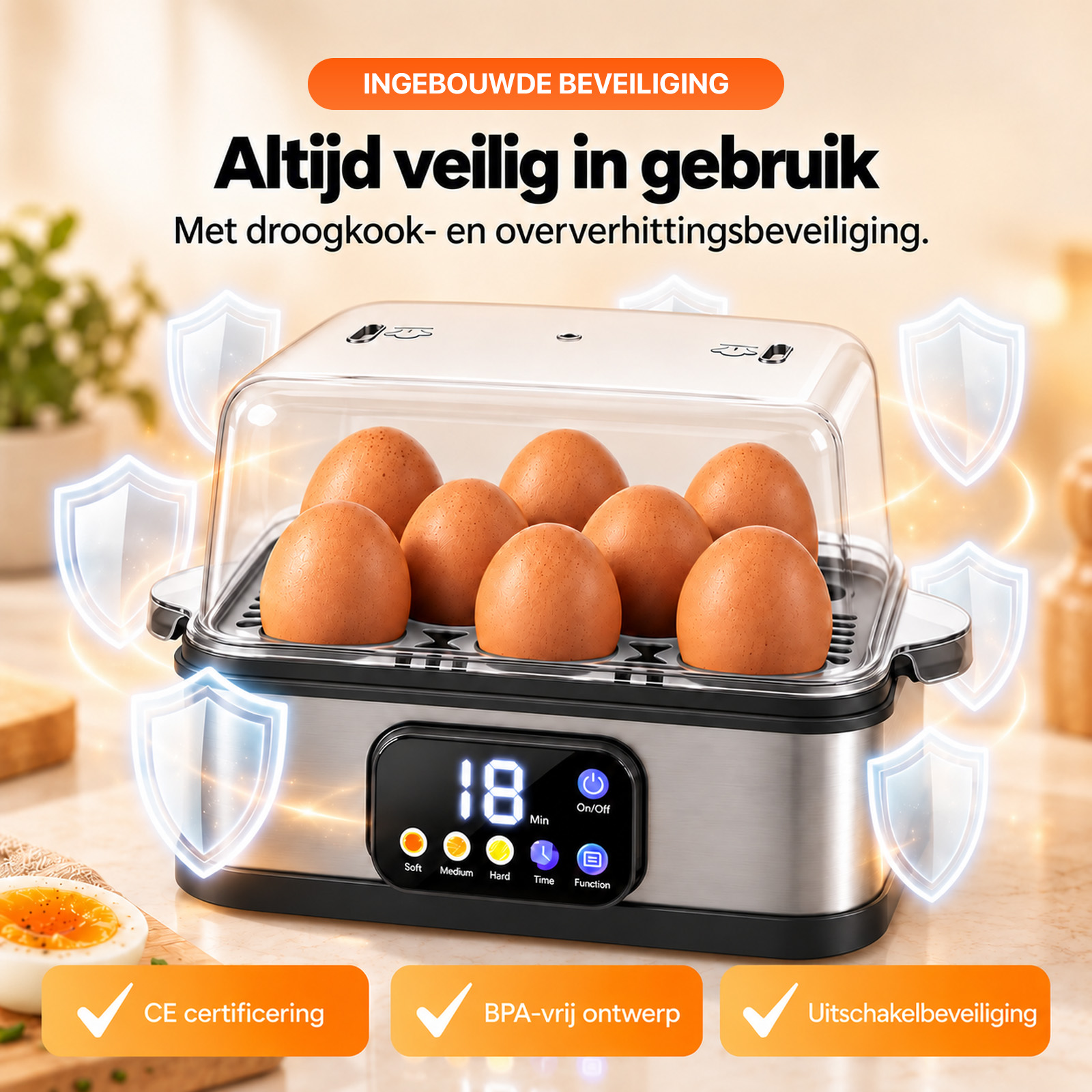 Ein Eierkocher mit digitalem Display enthält sieben braune Eier unter einem Deckel, umgeben von Schutzschildern.