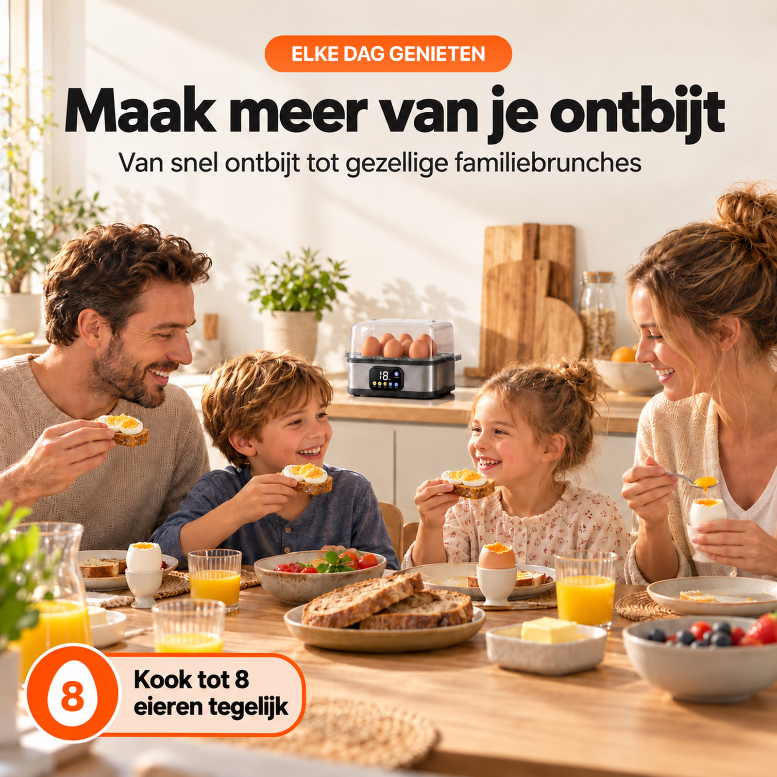 Eine glückliche Familie genießt gemeinsam das Frühstück mit gekochten Eiern aus einem Eierkocher.