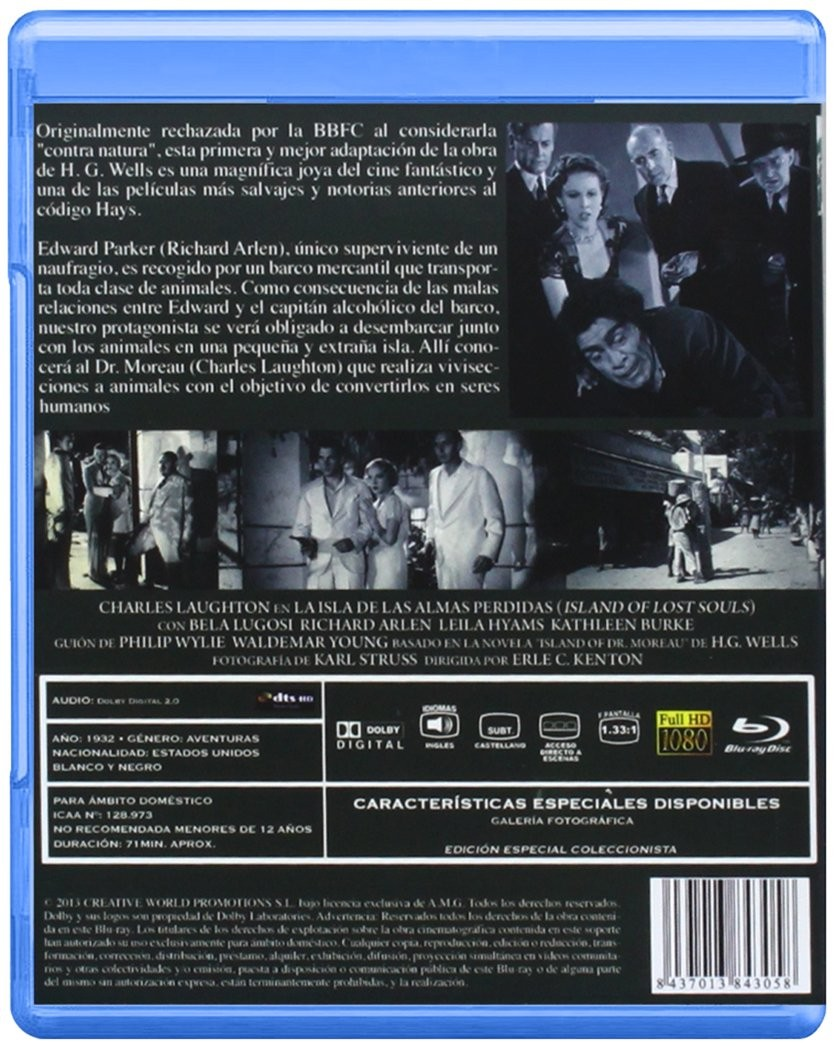Contraportada del Blu-ray de La isla de las almas perdidas con fotogramas, sinopsis y datos técnicos.