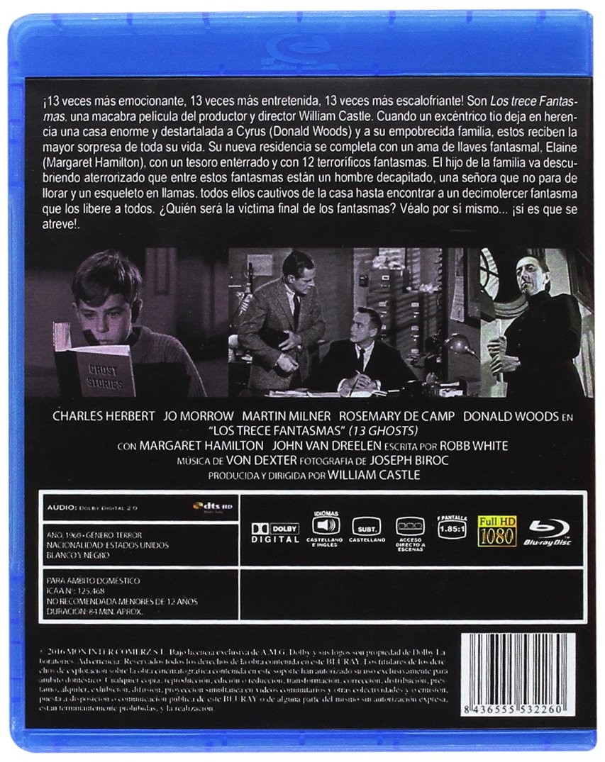 Contraportada de un Blu-ray de 13 fantasmas con fotogramas, sinopsis y detalles técnicos.