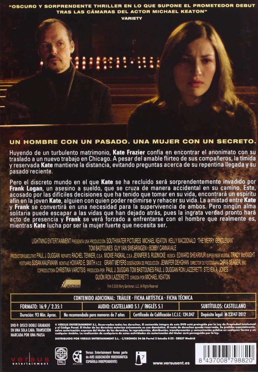 Contraportada del DVD de The Merry Gentleman con dos actores y texto en español.