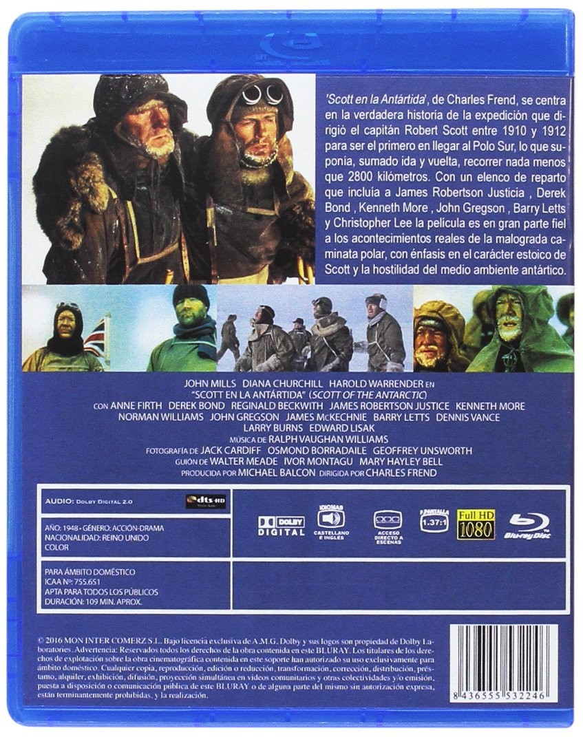 Contraportada del Blu-ray 'Scott en la Antártida' con fotogramas, resumen, reparto y especificaciones técnicas.