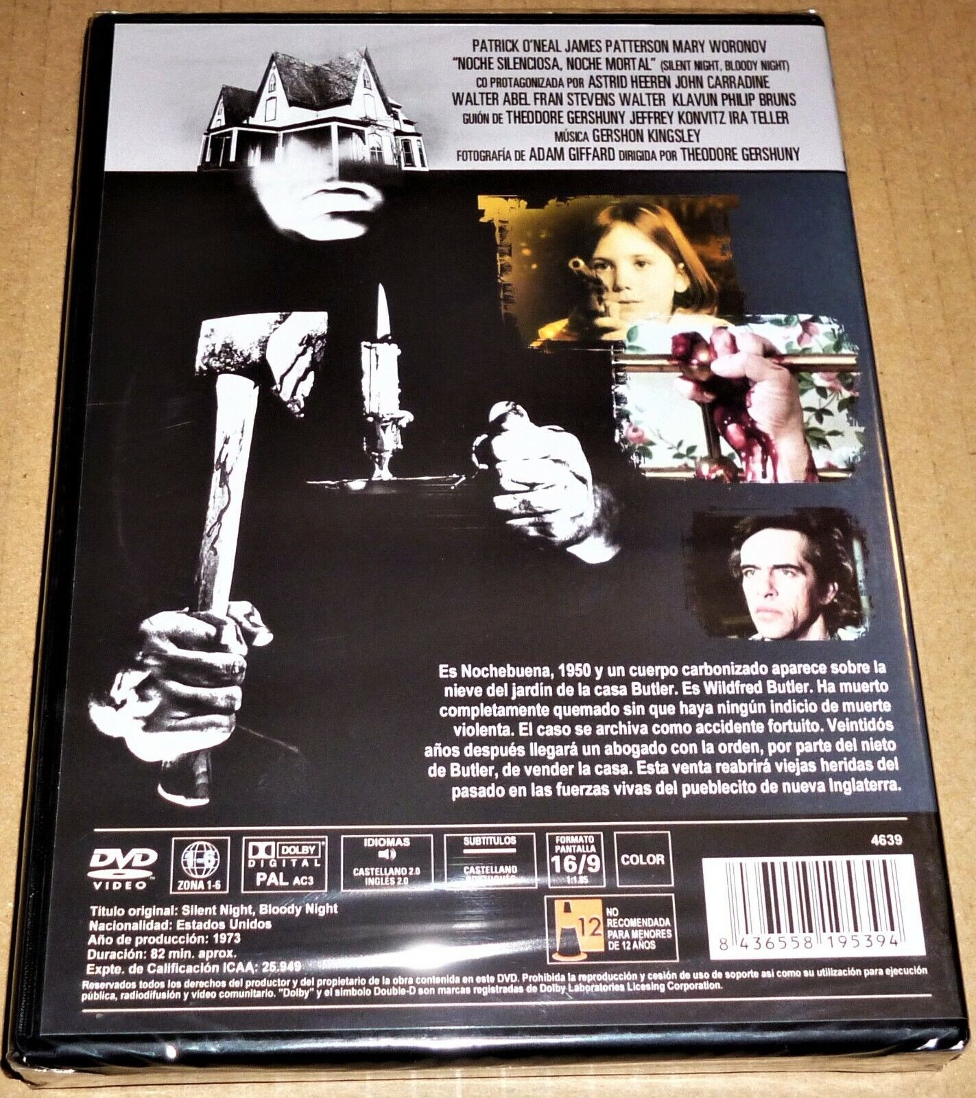 Contraportada del DVD de Silent Night, Bloody Night con escenas de terror, texto y detalles técnicos en español.