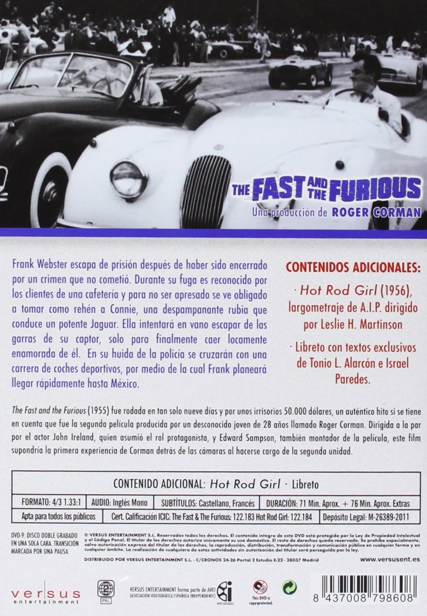 Contraportada de DVD de The Fast and the Furious con fotogramas, sinopsis y detalles en español.