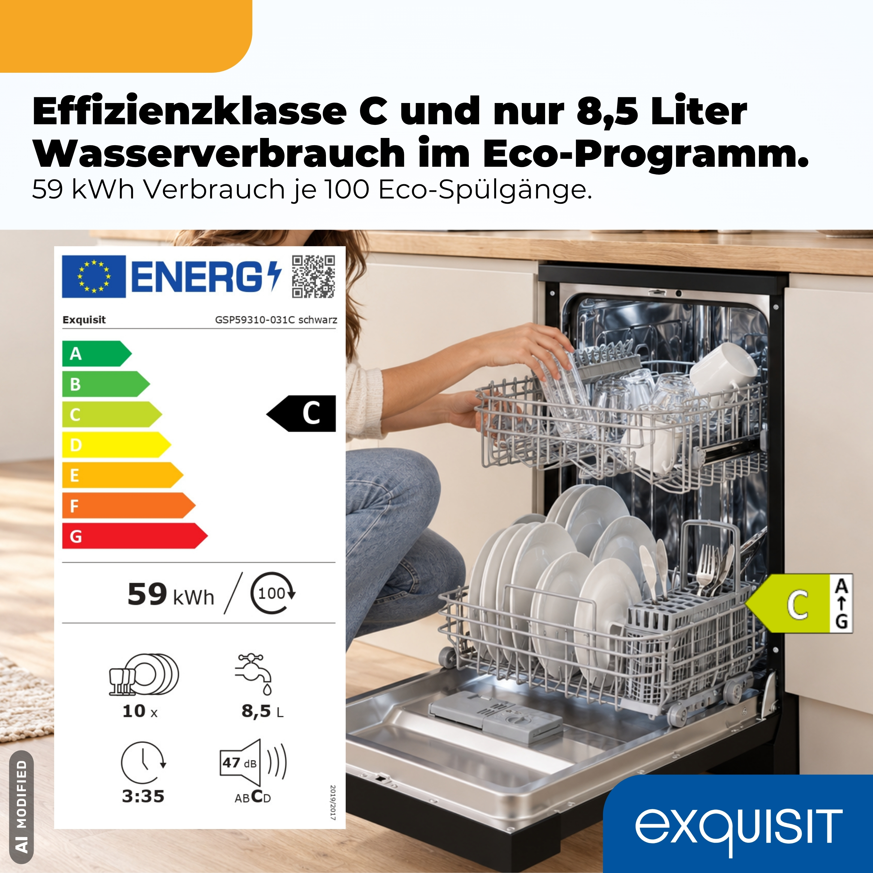 Geschirrspüler mit Energieeffizienzklasse C und einer EU-Energielabel-Übersicht links.
