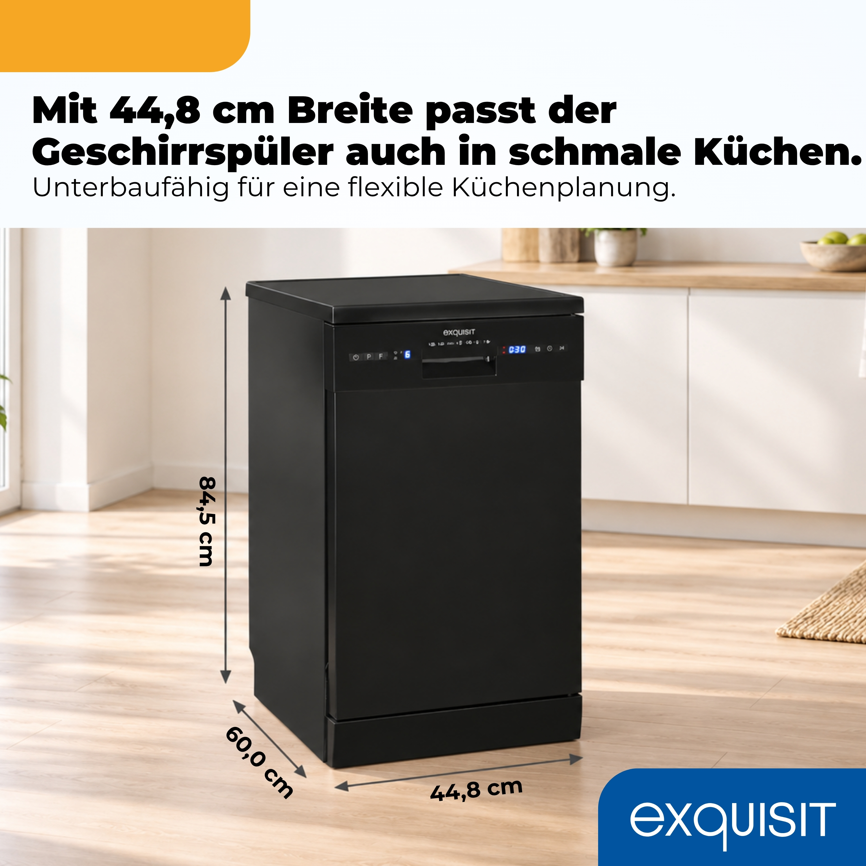 Ein schwarzer Geschirrspüler mit Maßen in einer modernen Küche.