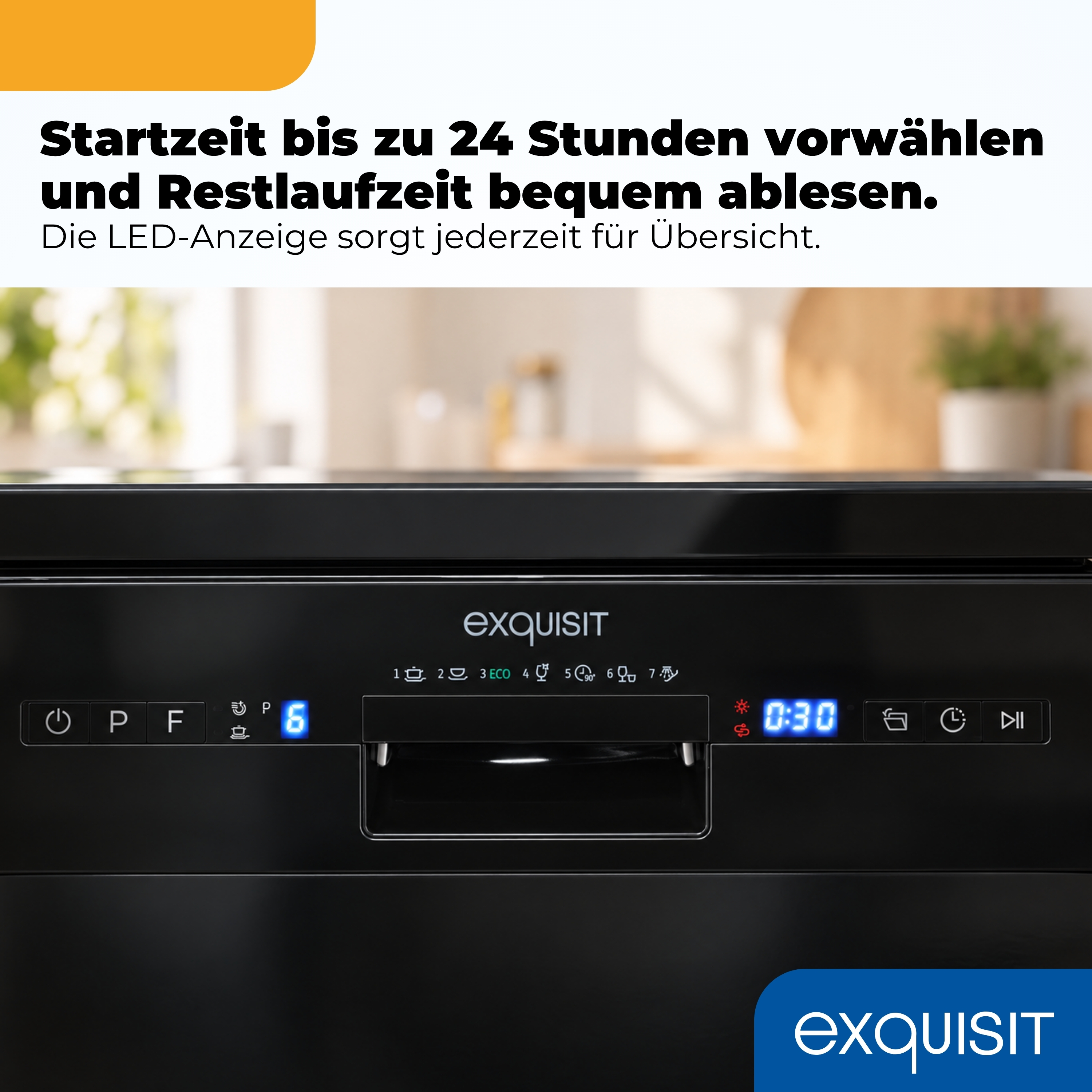 Schwarzes Exquisit-Geschirrspüler-Bedienfeld mit blauer LED-Anzeige, Programmtasten und Griff in einer Küche.