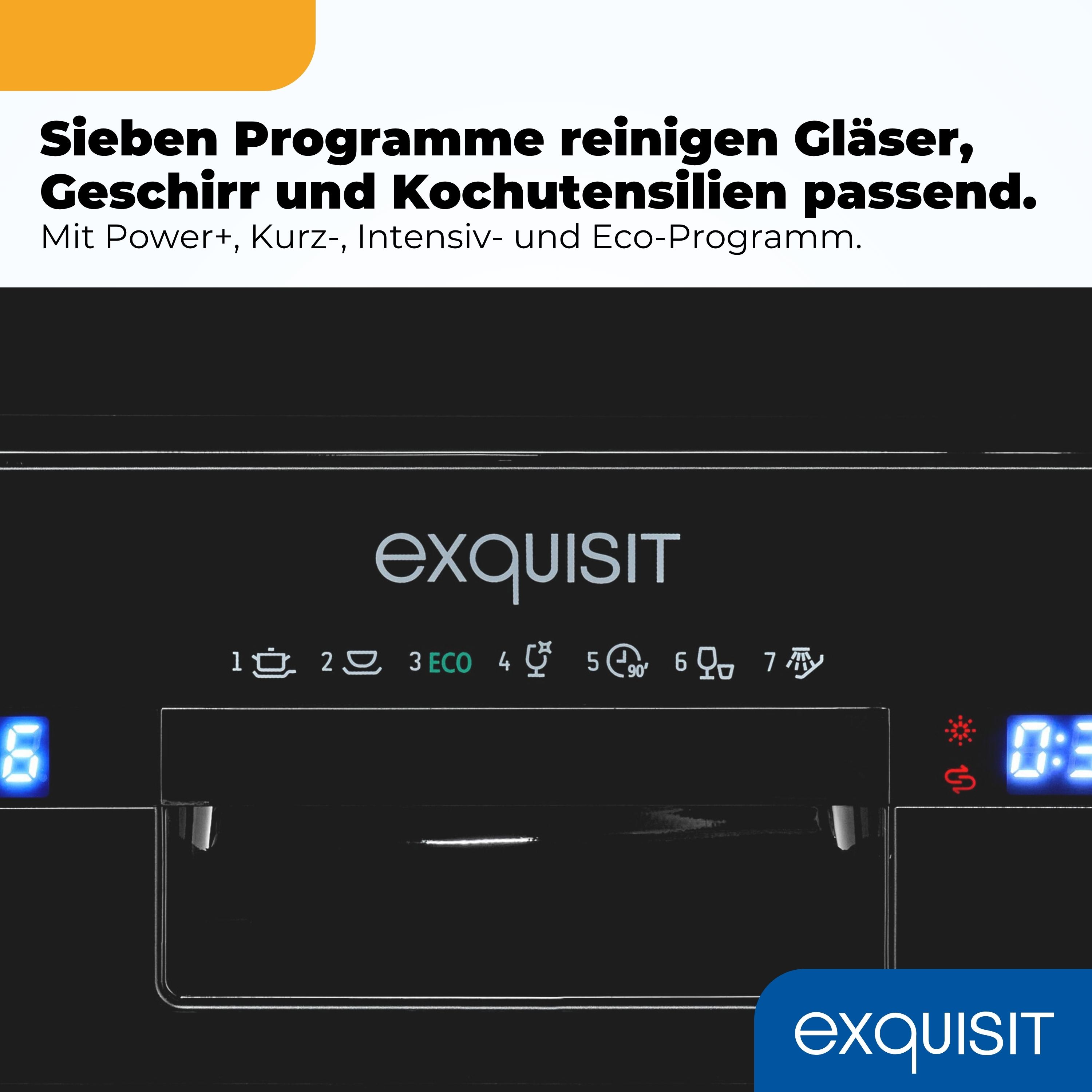 Exquisit Spülmaschine mit Bedienfeld für sieben Programme und Digitalanzeige.