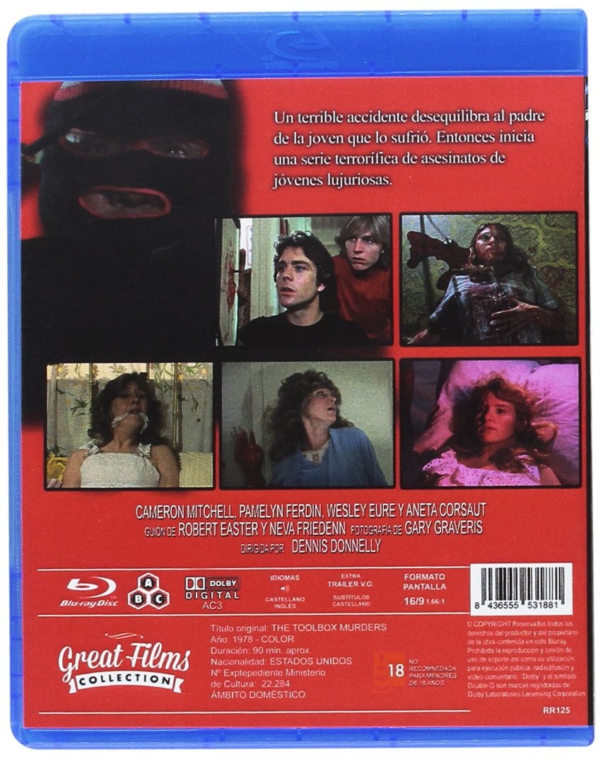 Contraportada de Blu-ray de The Toolbox Murders con fotogramas, sinopsis en español y detalles técnicos.