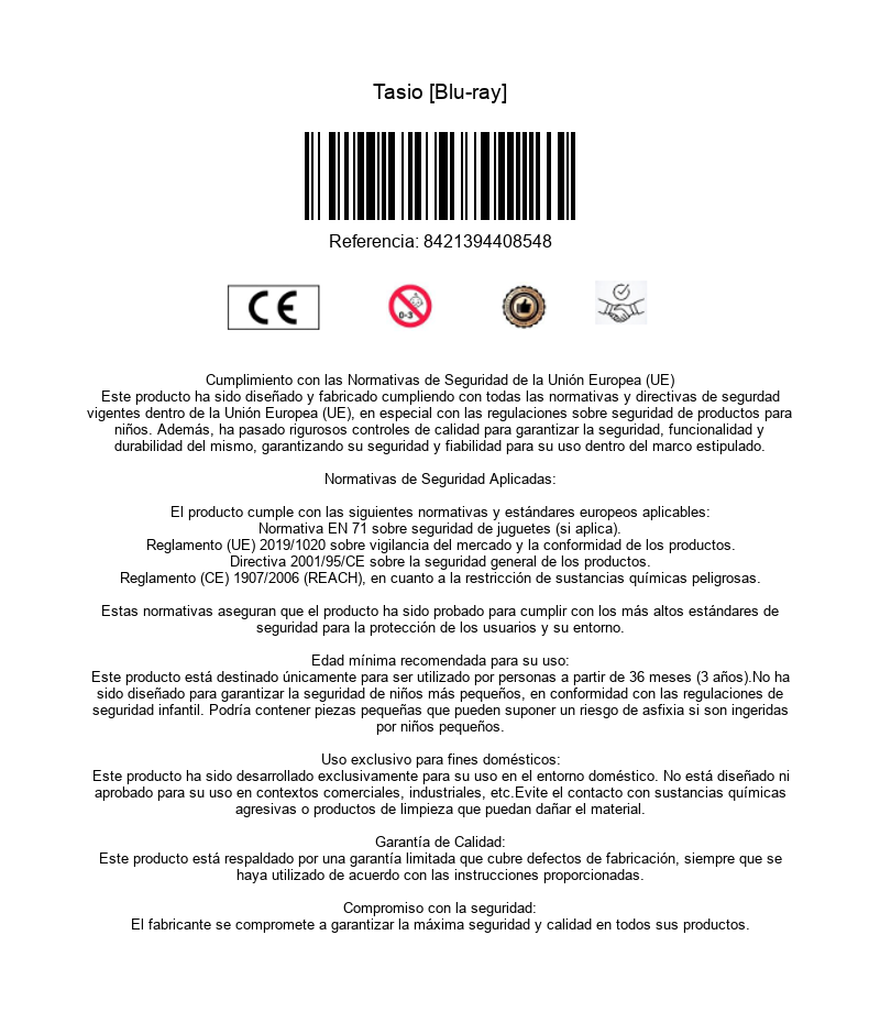 Informacion de producto para Tasio Blu-ray con codigo de barras y CE.