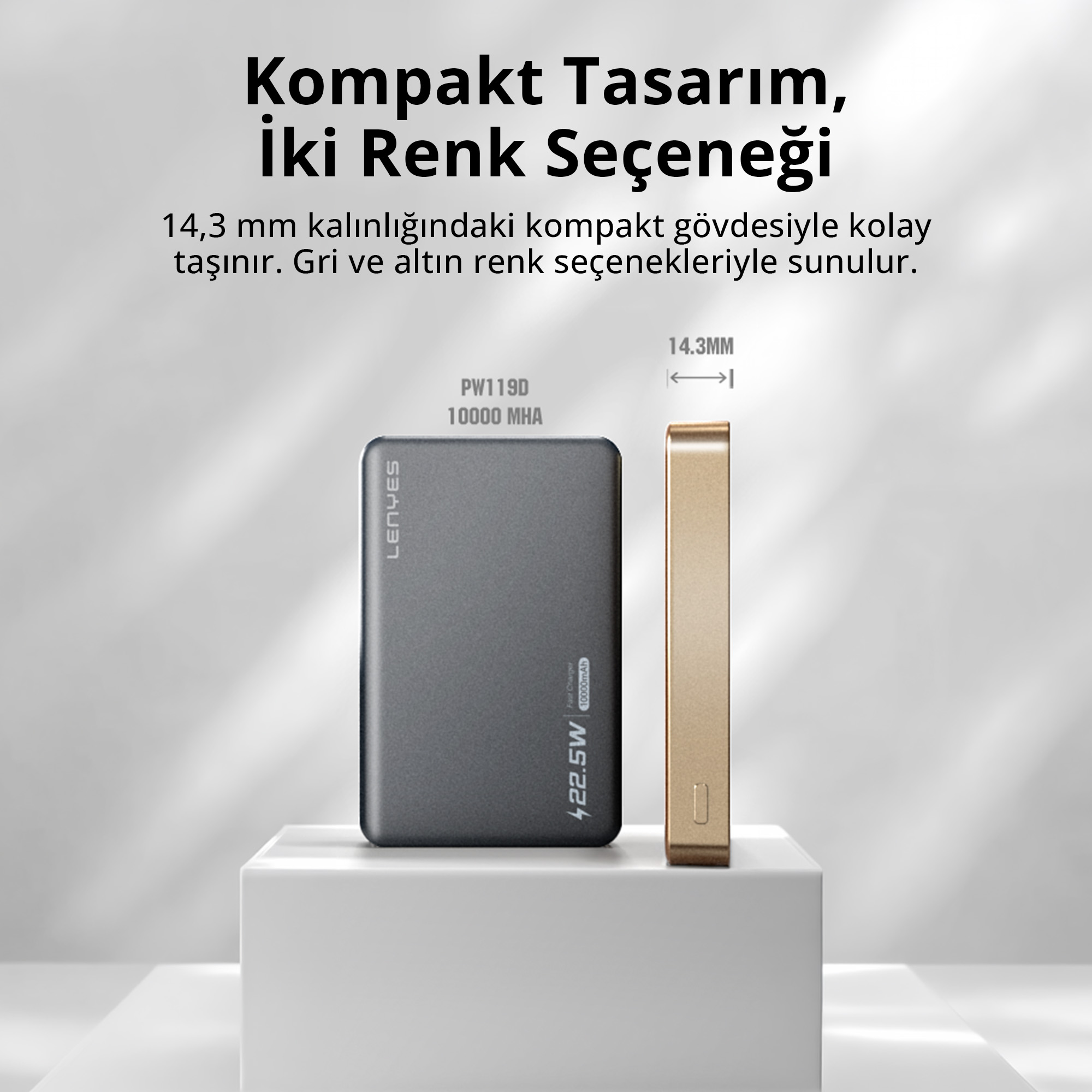 Gri ve altın renkli iki powerbank, beyaz bir kaide üzerinde, kompakt tasarım metniyle birlikte.