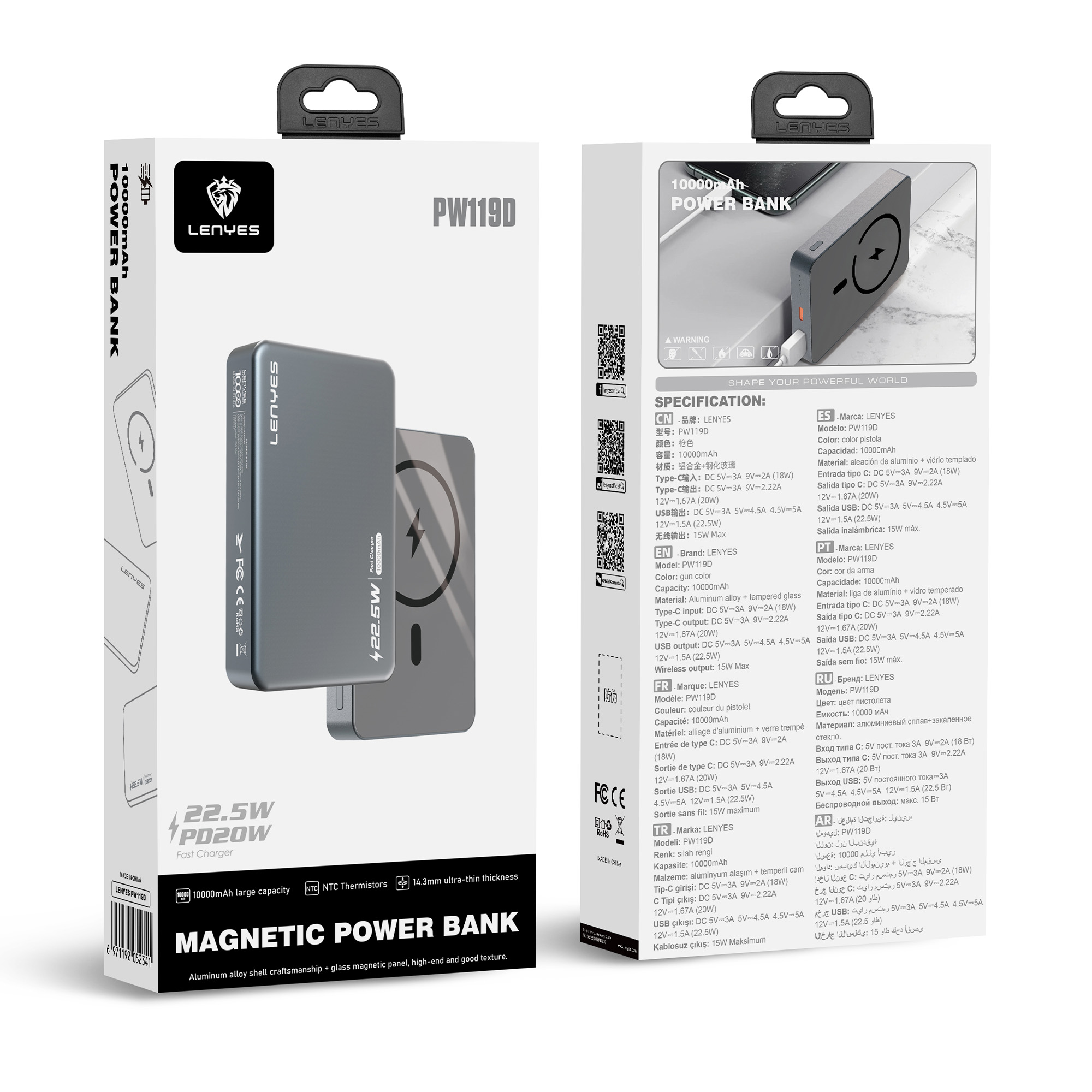 Gümüş renkli Lenyes PW119D Manyetik Powerbank, 10000mAh ambalajı ve özellikleri.