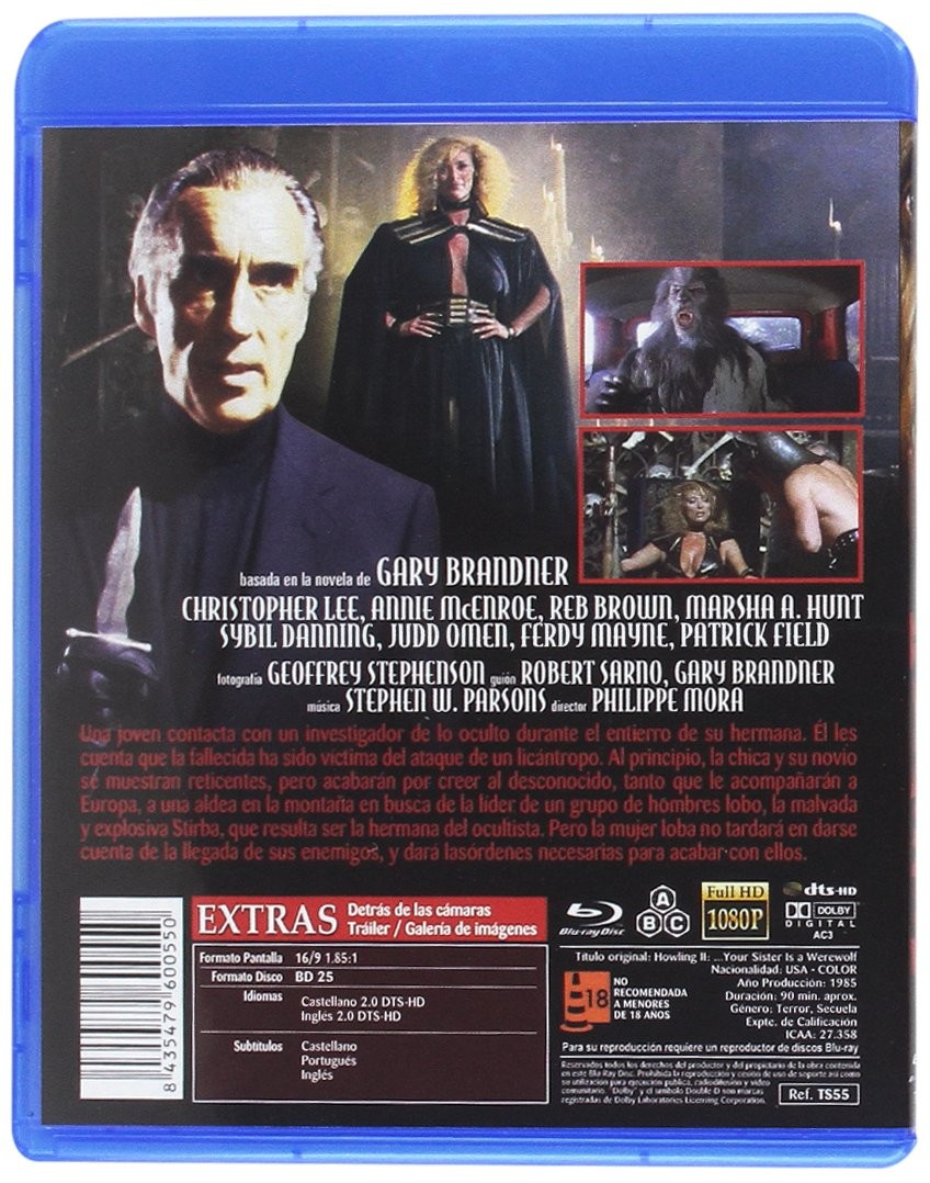 Contraportada del Blu-ray Howling II con reparto, sinopsis y fotogramas con Christopher Lee.