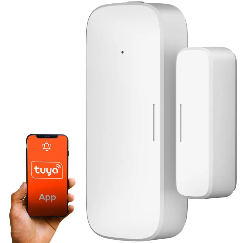Ein weißer Funksensor neben einer Hand, die ein Smartphone mit der Tuya-App hält.