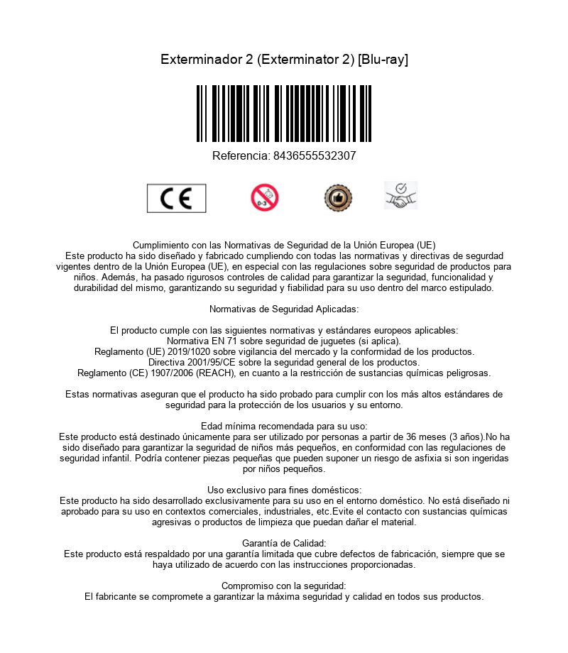 Información del producto con código de barras, marcado CE y avisos de seguridad y garantía en español.
