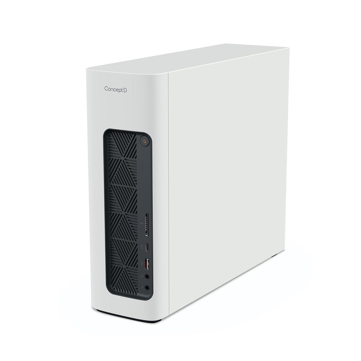 Ein weißer ConceptD Desktop-PC mit einem vorderen Gitter und Anschlüssen steht auf weißem Hintergrund.