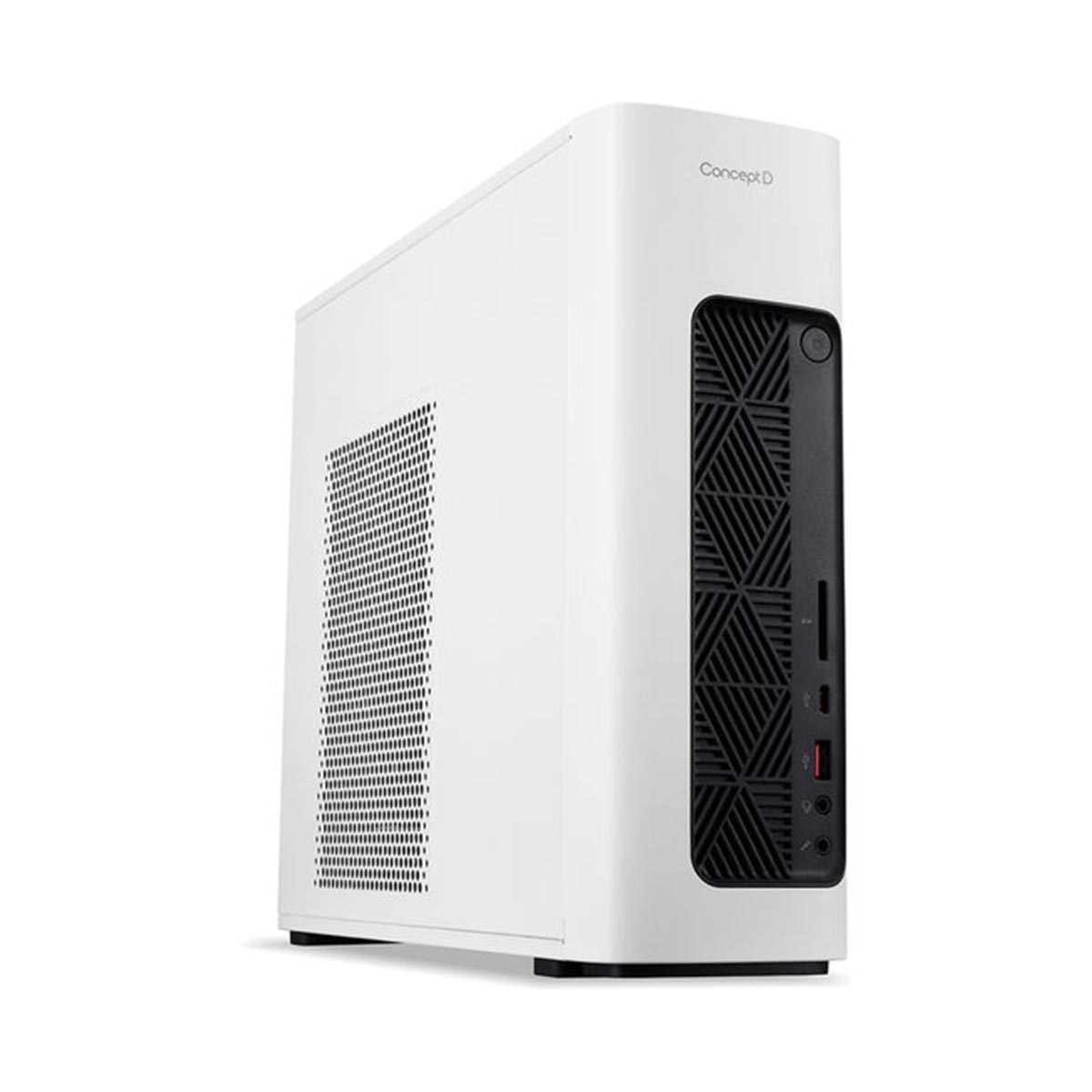 Ein weißer ConceptD PC-Tower mit schwarzem Frontgitter auf weißem Hintergrund.