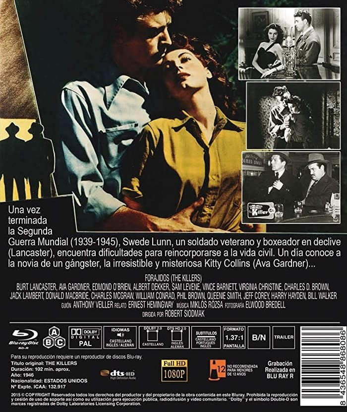 Carátula de la película Forajidos con Burt Lancaster y Ava Gardner, fotos de escenas y texto en español.