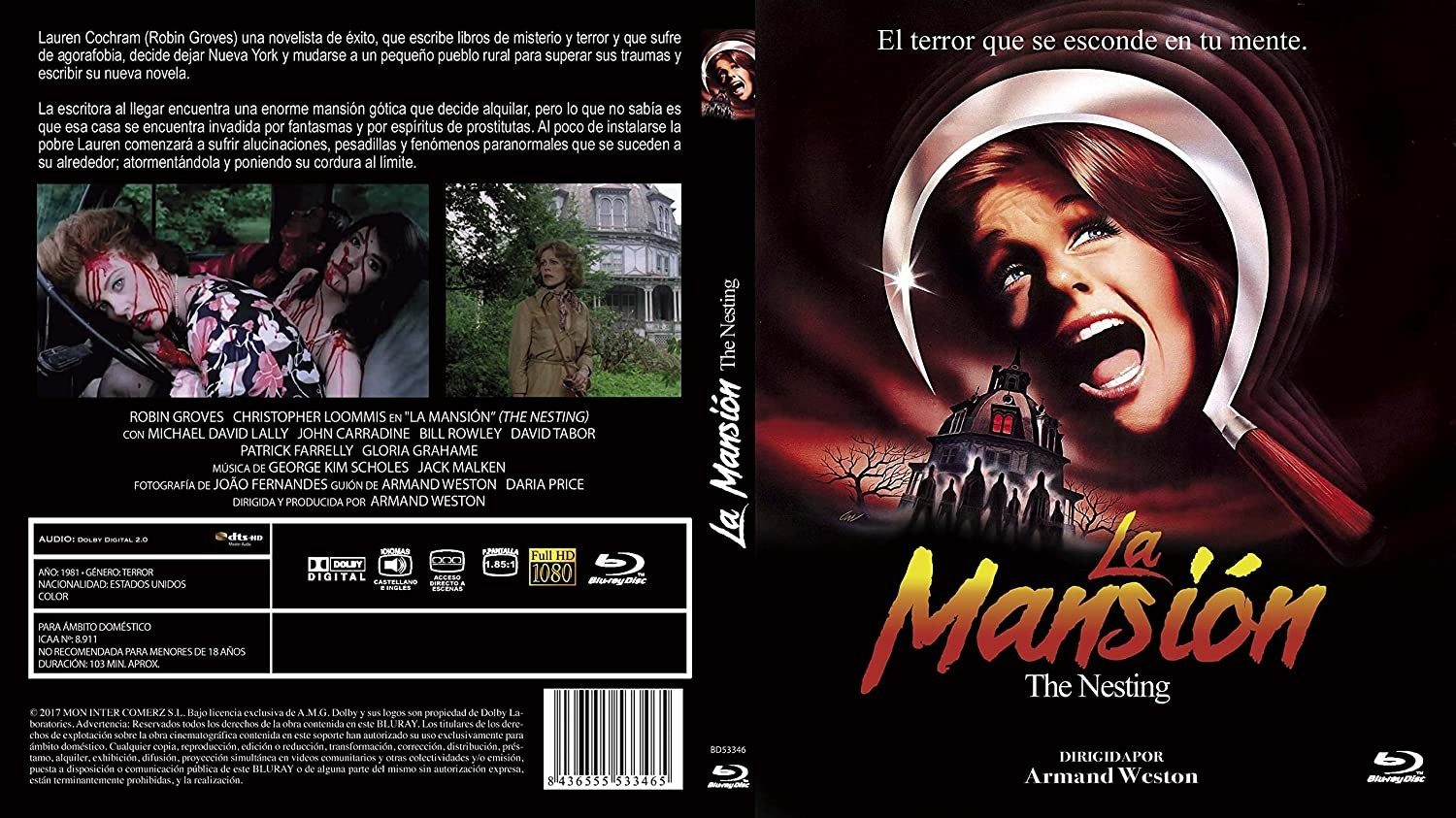Carátula de Blu-ray de La Mansión con una mujer gritando, una hoz y una mansión encantada.