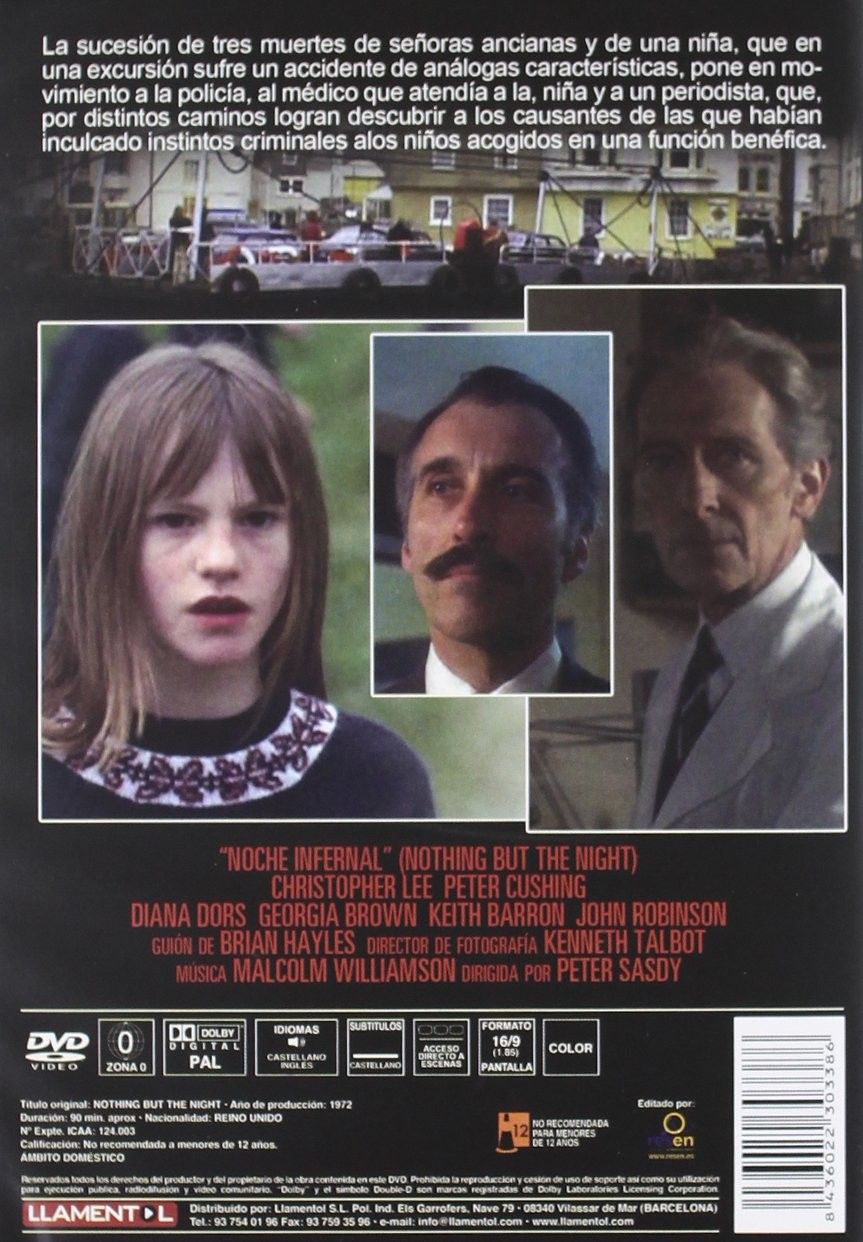 Carátula del DVD Noche Infernal con fotos de Christopher Lee, Peter Cushing y texto en español.
