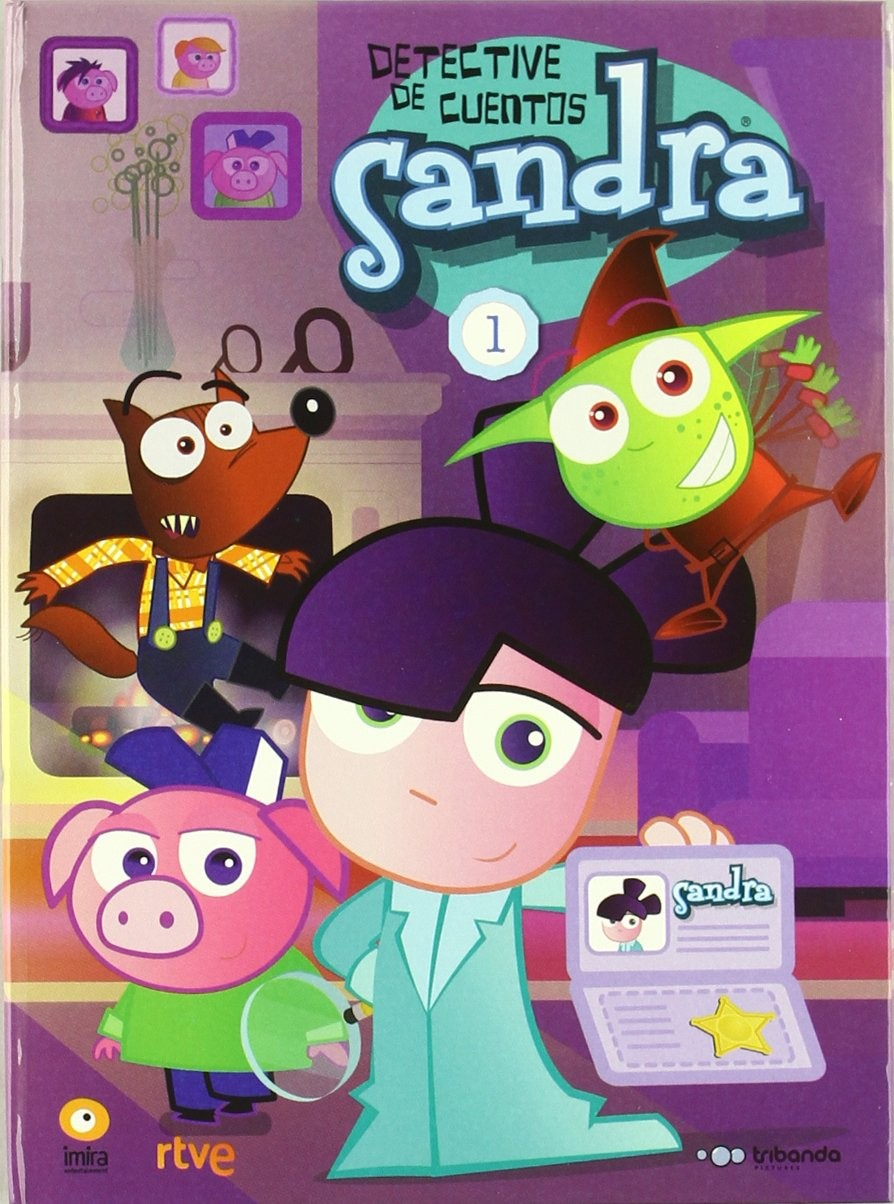 Portada de libro con Sandra, un cerdito rosa, un lobo y un duende verde sobre fondo morado.