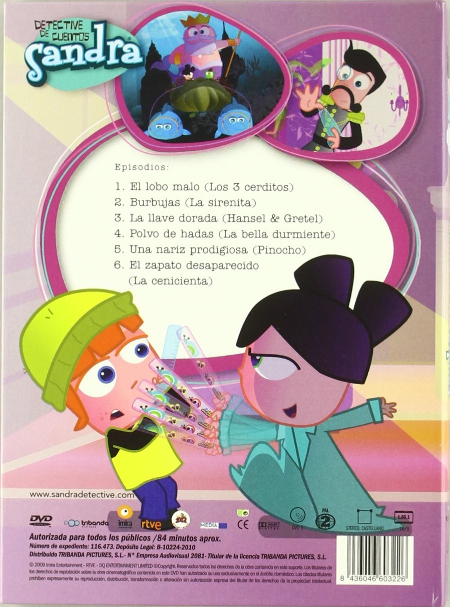 Contraportada de DVD de Sandra Detective de Cuentos con lista de episodios y personajes.