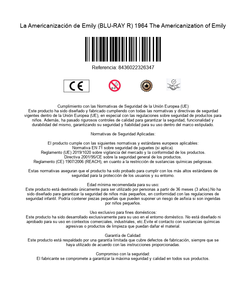 Informacion del producto con codigo de barras, marca CE y texto sobre normativas de seguridad.