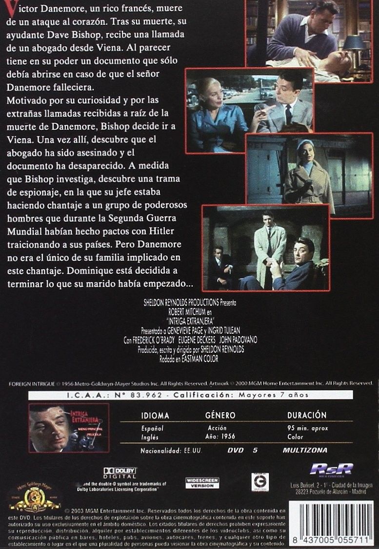 Contraportada del DVD Intriga Extranjera con texto en español y varias escenas.