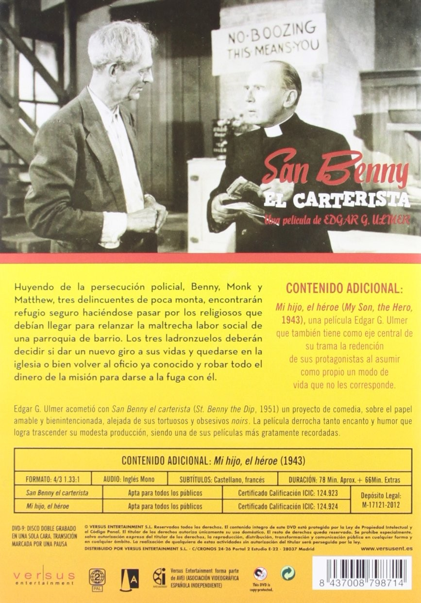 Contraportada de DVD con una escena de película arriba y texto en amarillo.