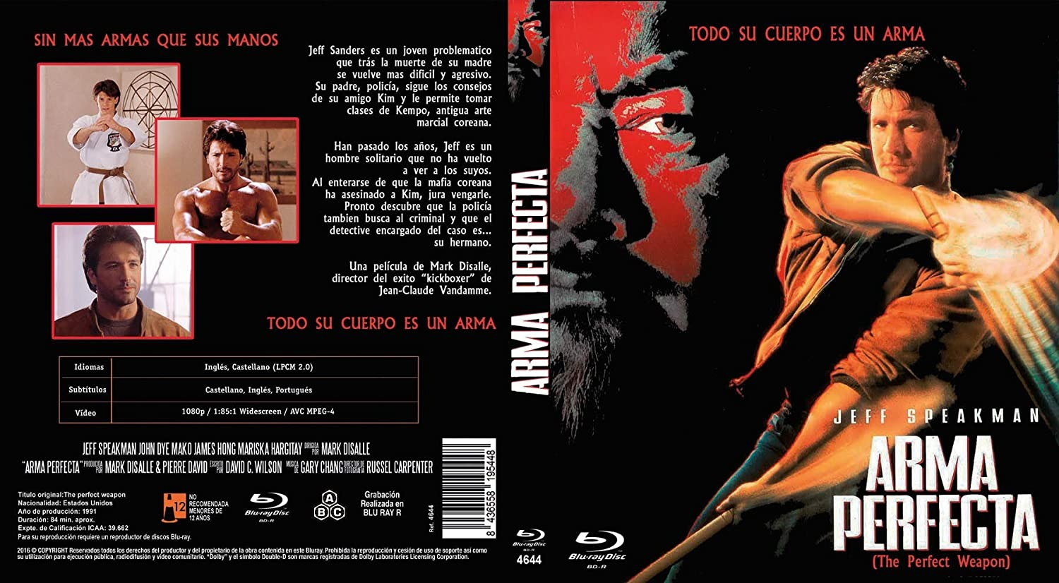 Carátula de Blu-ray de Arma Perfecta con Jeff Speakman en pose de artes marciales y gráficos rojos y negros.
