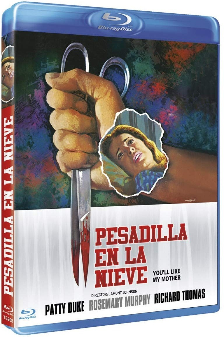Carátula de Blu-ray que muestra una mano sosteniendo tijeras ensangrentadas y la cara de una mujer asustada.