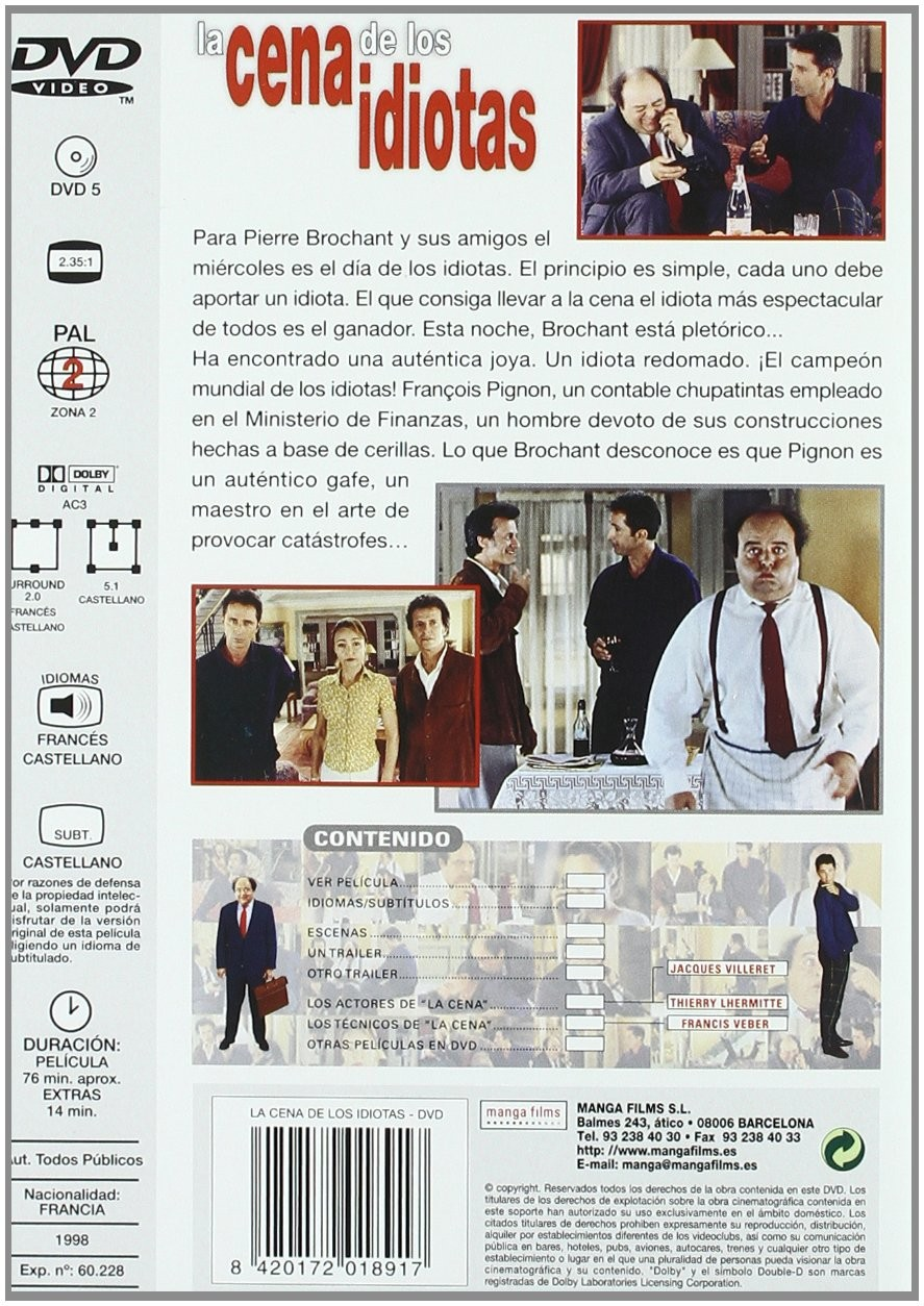 Carátula de DVD de La cena de los idiotas con texto, fotogramas y detalles técnicos.