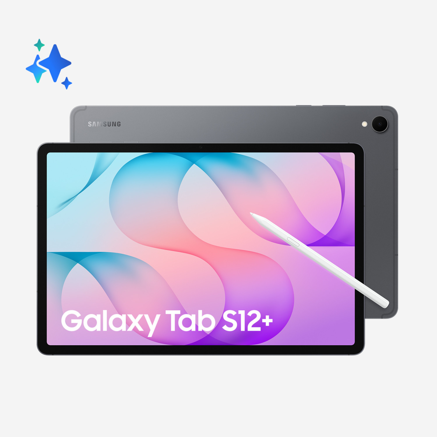 Ein dunkelgraues Samsung Galaxy Tab S12+ mit buntem Bildschirm und weißem Eingabestift.