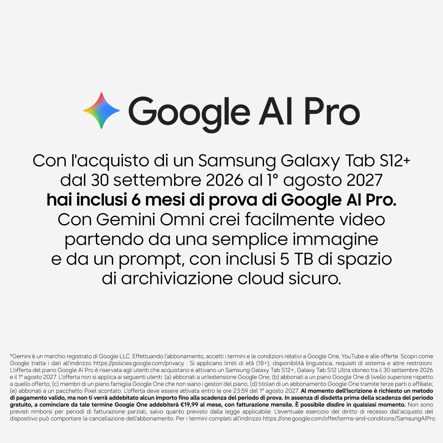 Werbung für Google AI Pro mit Samsung Galaxy Tab S12+, inklusive 6 Monate Testversion und 5 TB Cloud-Speicher.